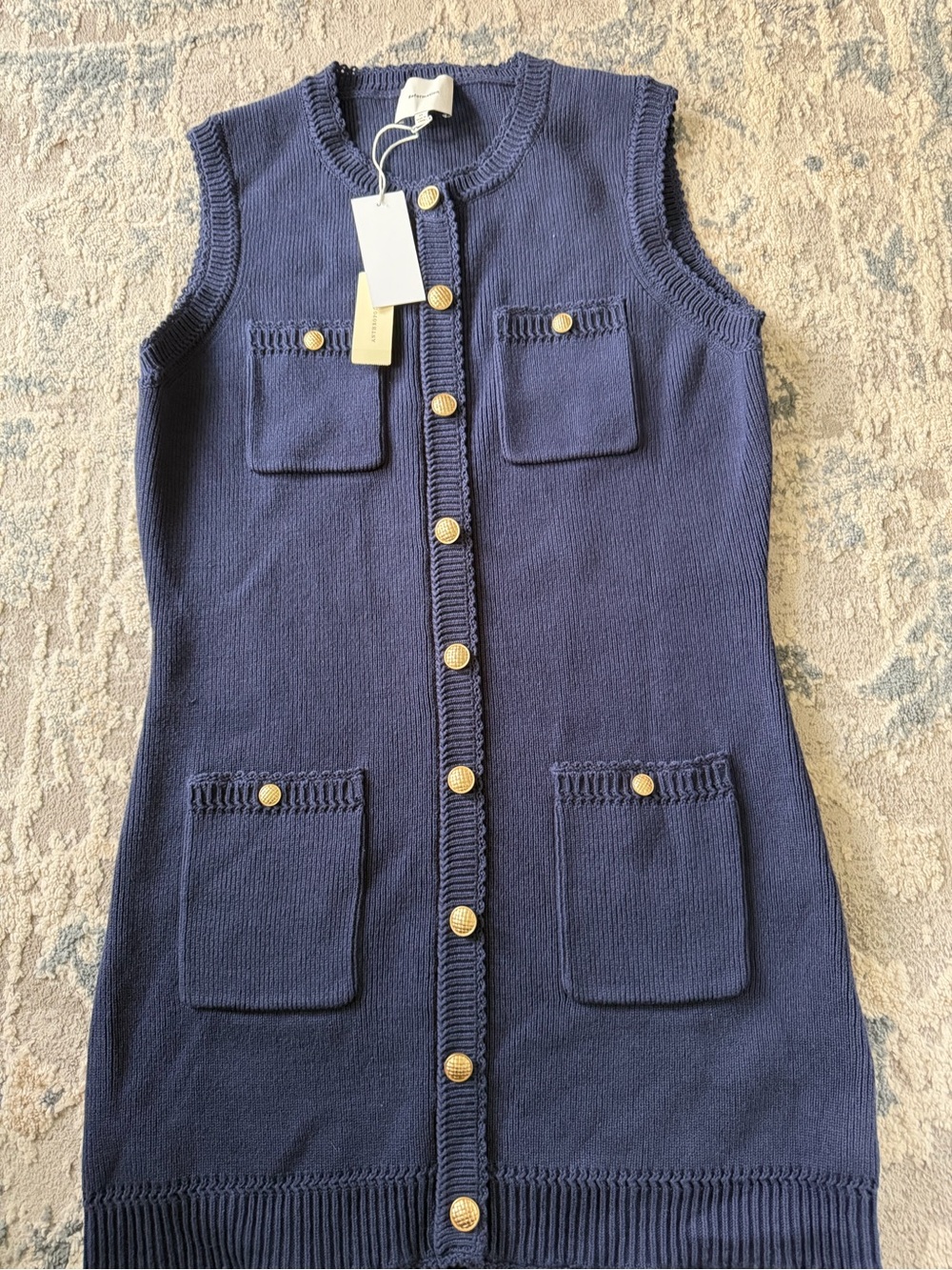 Reformation Navy Sleeveless Knit Button-Front Dress with Gold Buttons